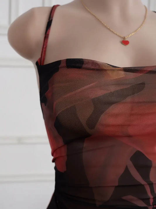 Elegant Red Rose Sheer Backless Nightgown