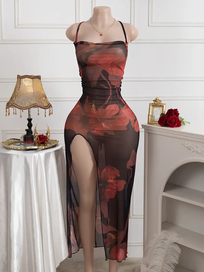 Elegant Red Rose Sheer Backless Nightgown