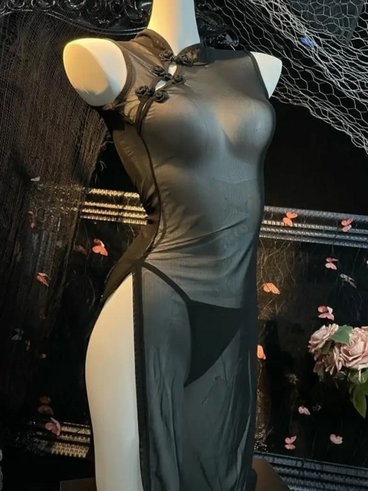 Sexy High-Slit Cheongsam Tulle Nightgown with Thong