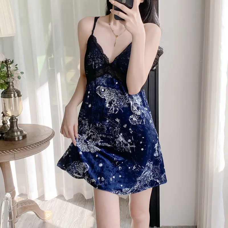 Women’s Velvet Ink Print Nightgown with Contrast Lace