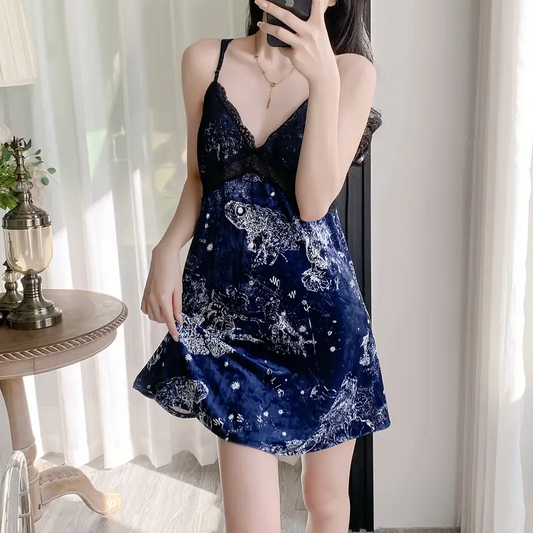 Women’s Velvet Ink Print Nightgown with Contrast Lace