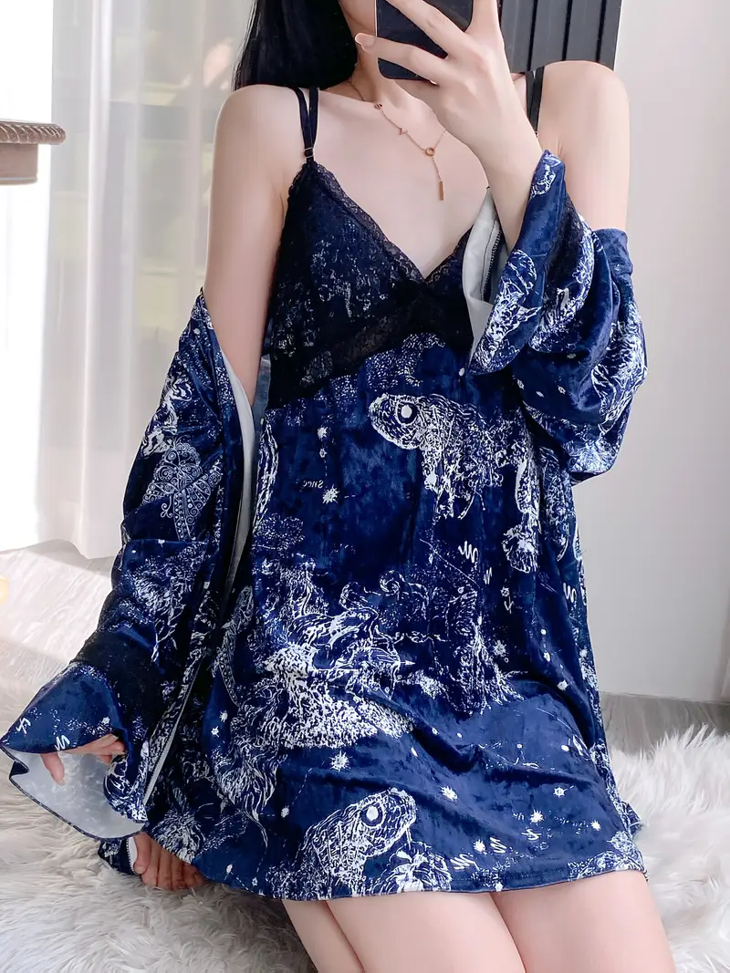 Women’s Velvet Ink Print Nightgown with Contrast Lace