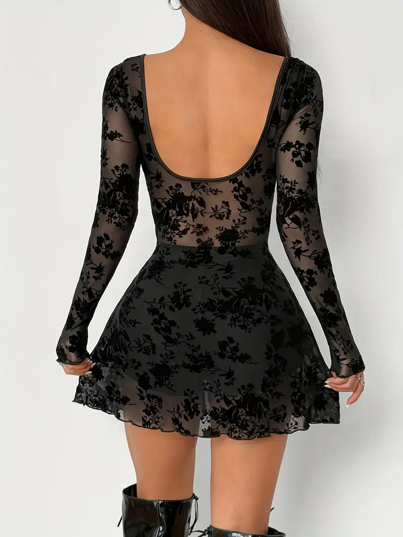 Women’s Sexy Long Sleeve Square Neck Mesh Cutout Dress