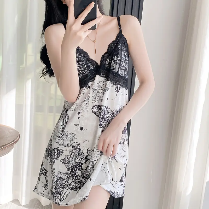 Women’s Velvet Ink Print Nightgown with Contrast Lace