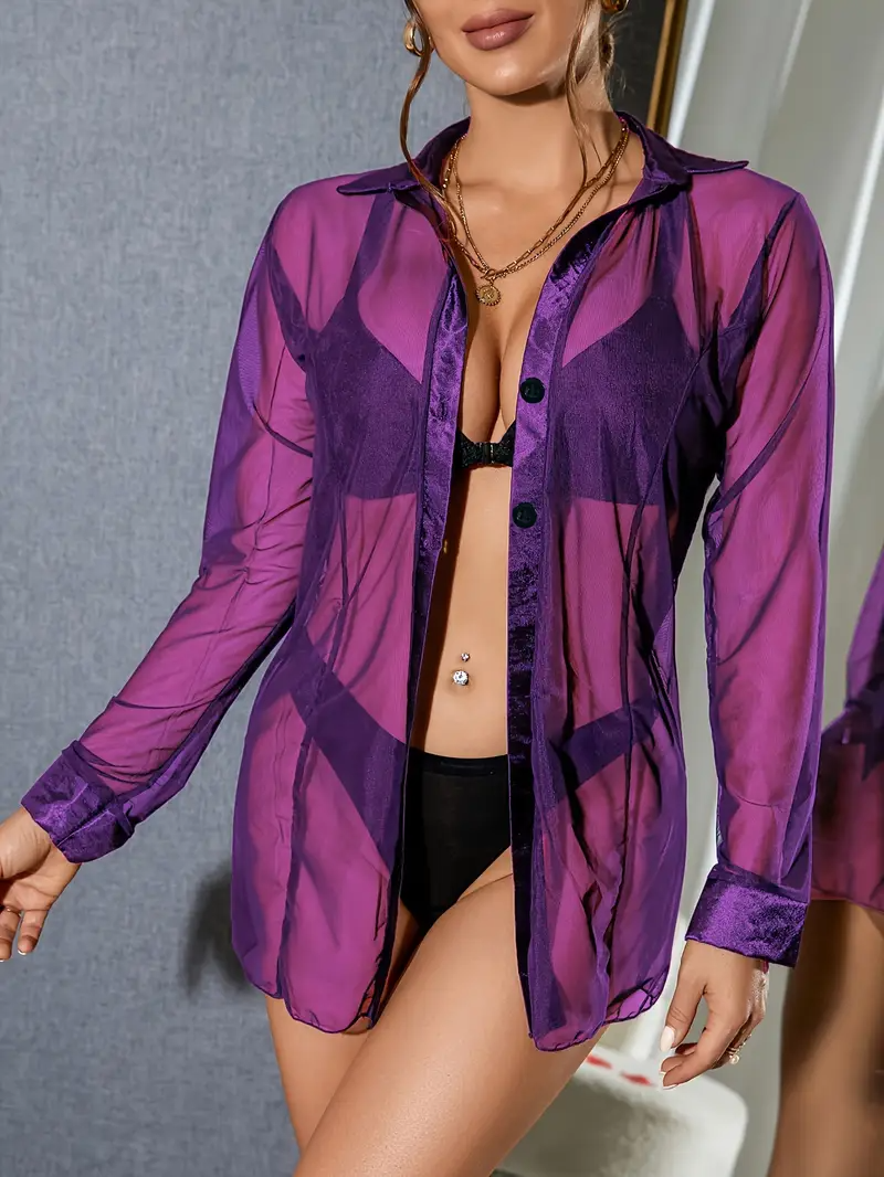Women’s Sexy Sheer Chiffon Shirt Nightgown with Lace Mesh